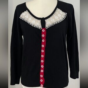 Anthropologie Guinevere Black Cardigan with Red Accents and Silk Lace Collar M